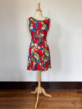 Vintage Vacation Red Tropical  Tie Front Mini Dress